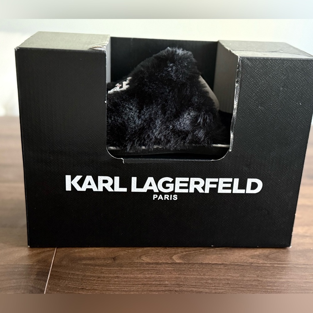 Karl Lagerfeld Black Plush Slippers Size 7M NIB